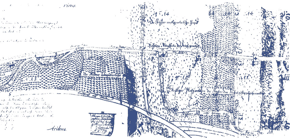 Historische Lagenkarte in blauer Zeichnung