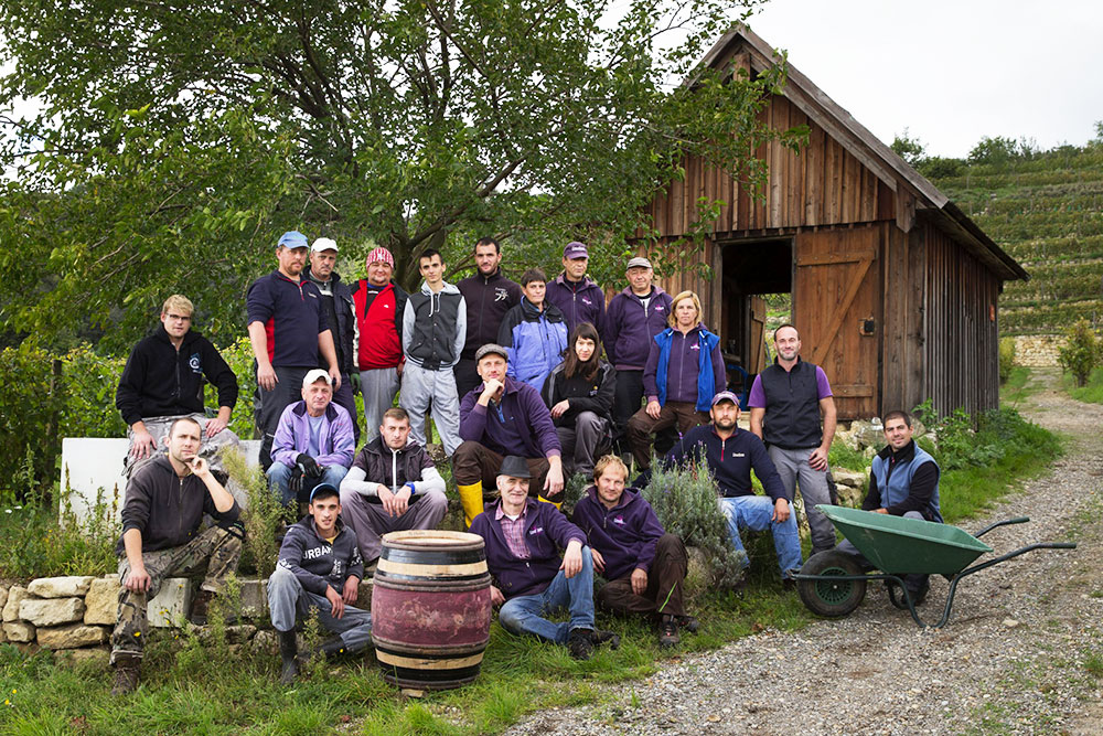 Josef Umathum und Team vor einer Holzhütte im Weingarten